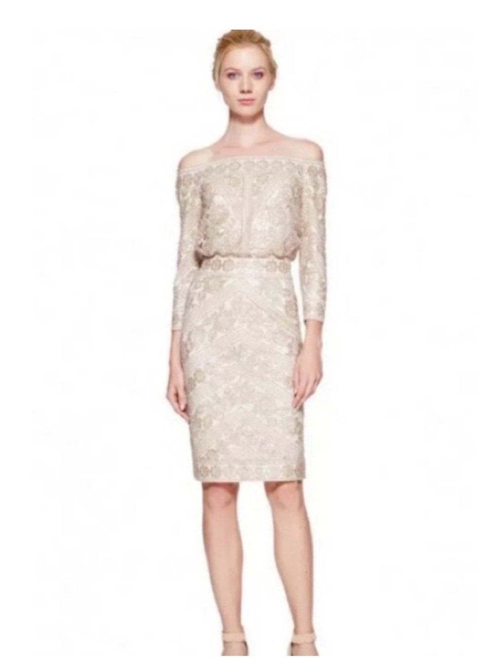 NWT Tadashi Shoji Merida Champagne Sequin Lace Off Shoulder Dress Size 10